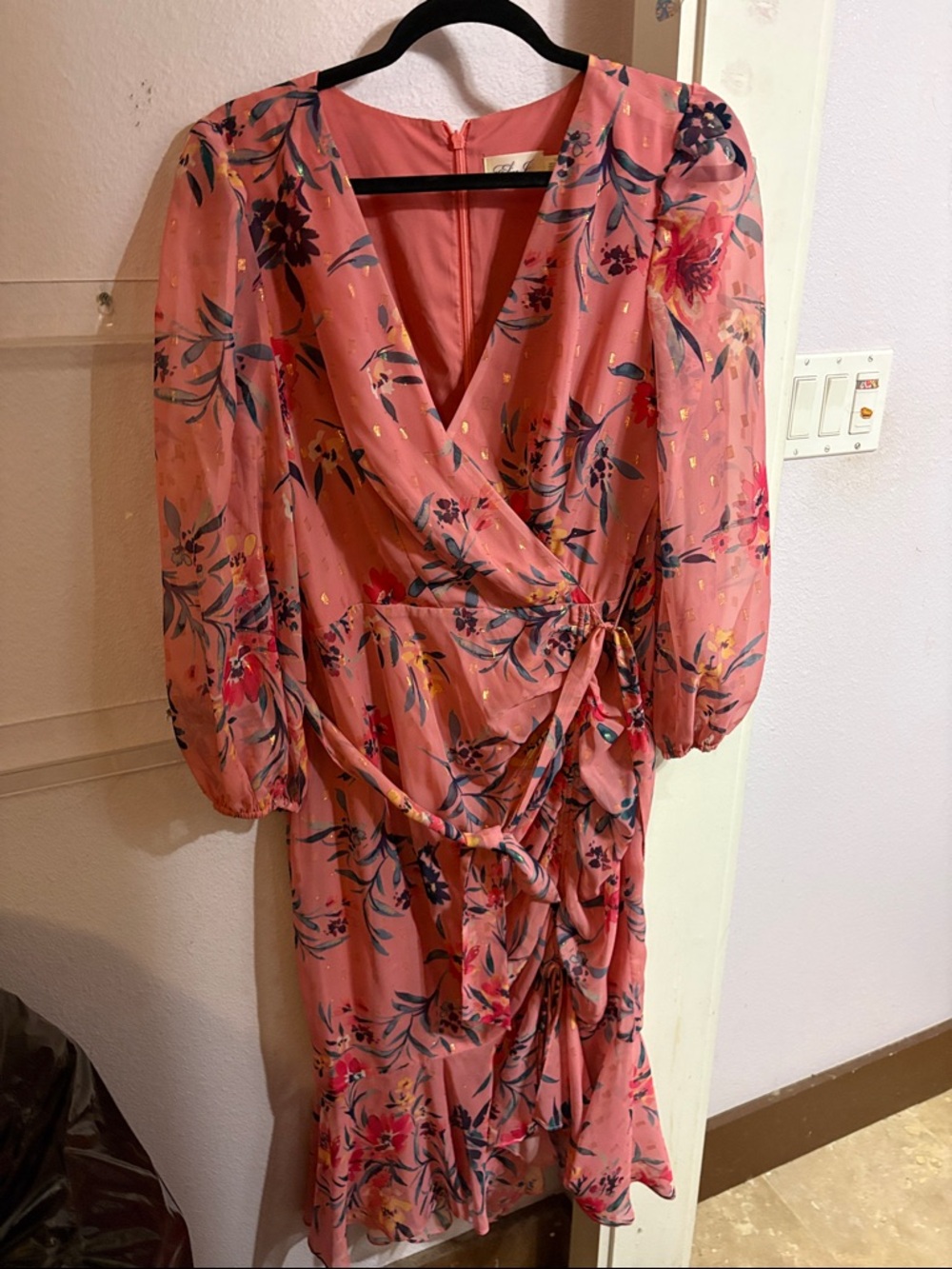 Eliza J floral Wrap Midi Dress in Coral Pink